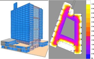A diagram showing the amount of natural daylight that reaches different parts of Manitoba Hydro Place. The white represents the most daylight while the blue represents zero percent.