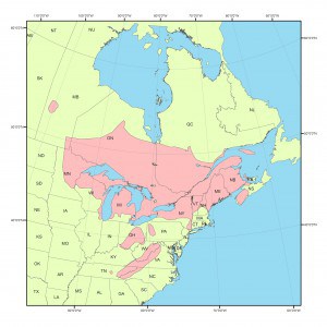 This map shows the natural range of northern white-cedar, which spans the U.S.–Canadian border. Wildlife and forestry researchers and practitioners from both countries have been collaborating on studies of white-cedar ecology and management in areas of dense and sparse deer populations for more than a decade. Image Credit: Map by Eric Forget