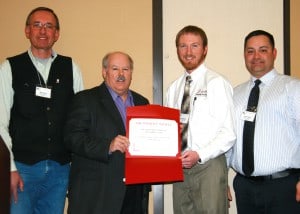 Presentation of the 50th Anniversary Certificate to the South Dakota State Chapter of TWS.  L – R Central Mountains and Plains Section Representative Bob Lanka, TWS President Gary Potts, SD Chapter President Nathan Baker and Past President John Kanta.  