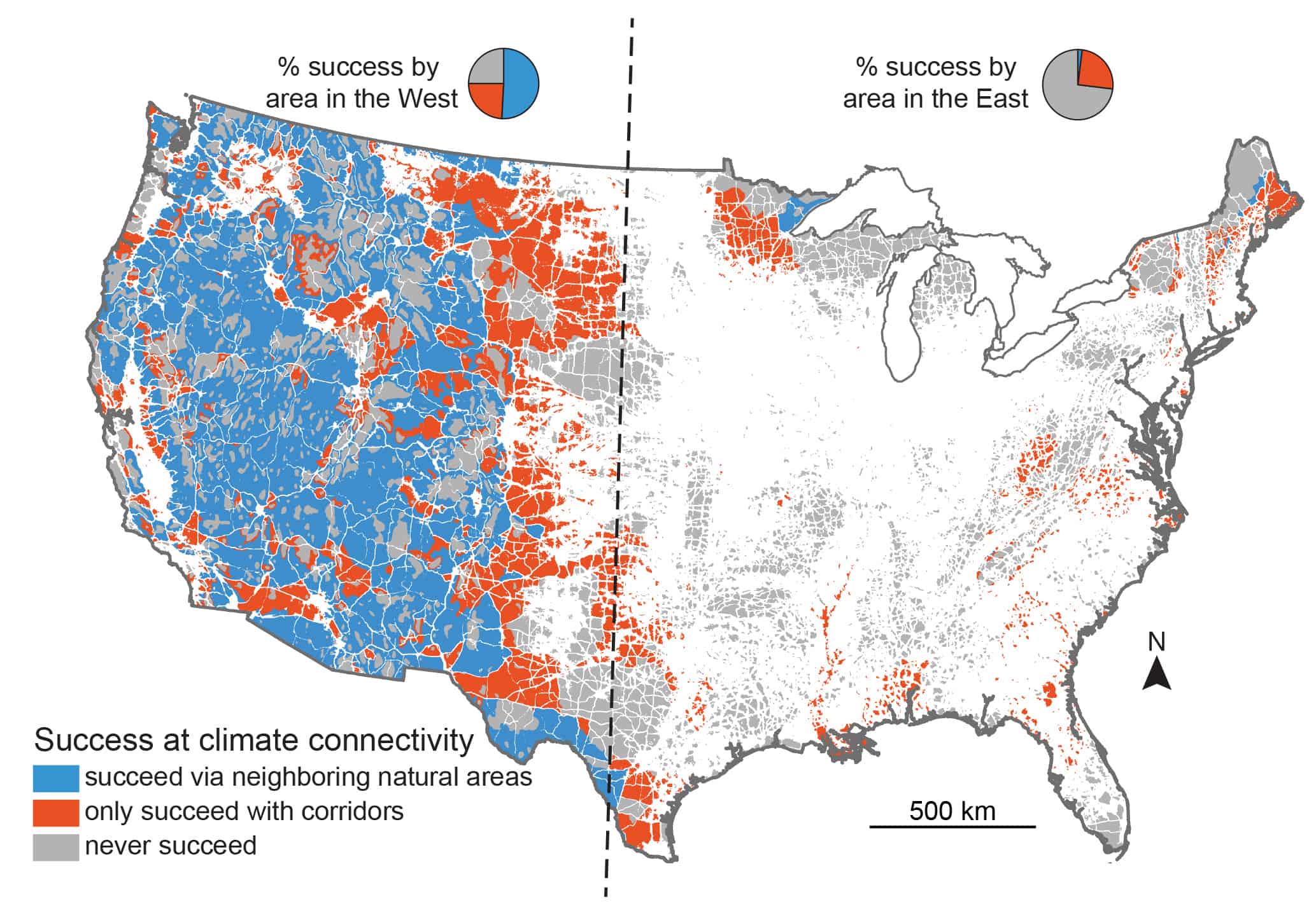 This map shows the regions of the U.S. where plants and animals could potentially evade predicted climate change. Blue areas show where they will be able to adapt to climate impacts given current conditions, orange areas are where they will be able to succeed only if they are able to cross over human disturbed areas, and grey areas are areas where they cannot succeed by following climate gradients. ©Jenny McGuire, Georgia Tech 