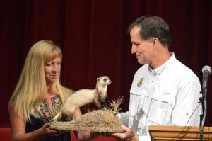 U.S. Fish and Wildlife Service Director Dan Ashe presents a stuffed black-footed ferret mount to Kris Hogg, whose family rediscovered the species on their ranch 35 years ago. ©Ryan Moehring/USFWS