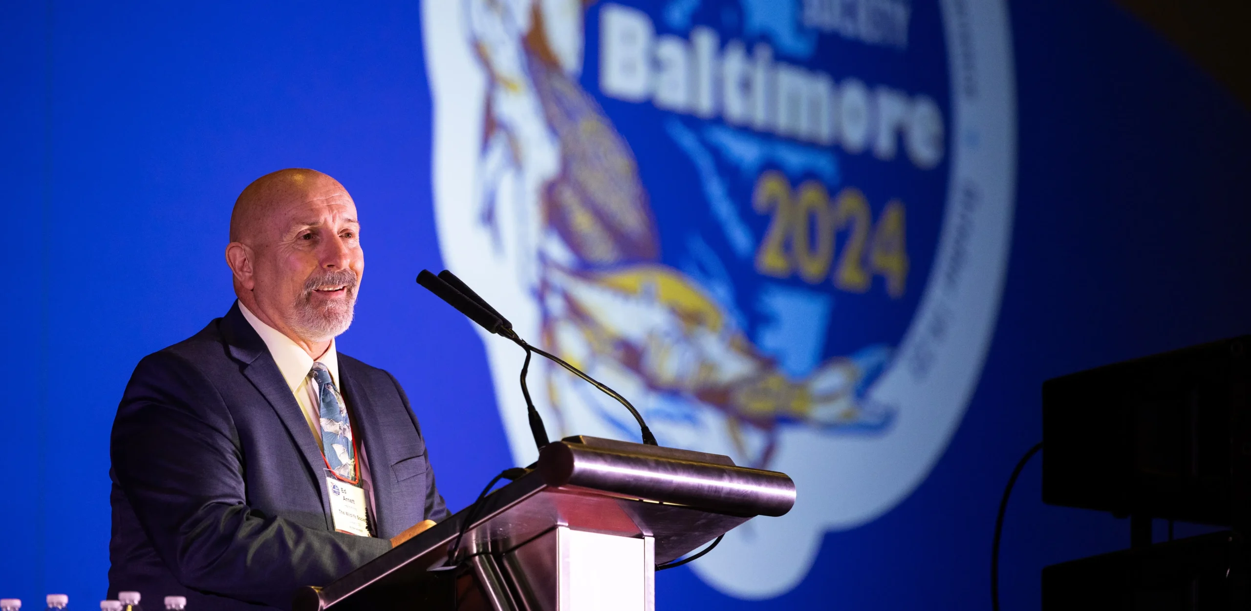 Speaker stands at a podium delivering remarks during an awards ceremony at a professional conference.