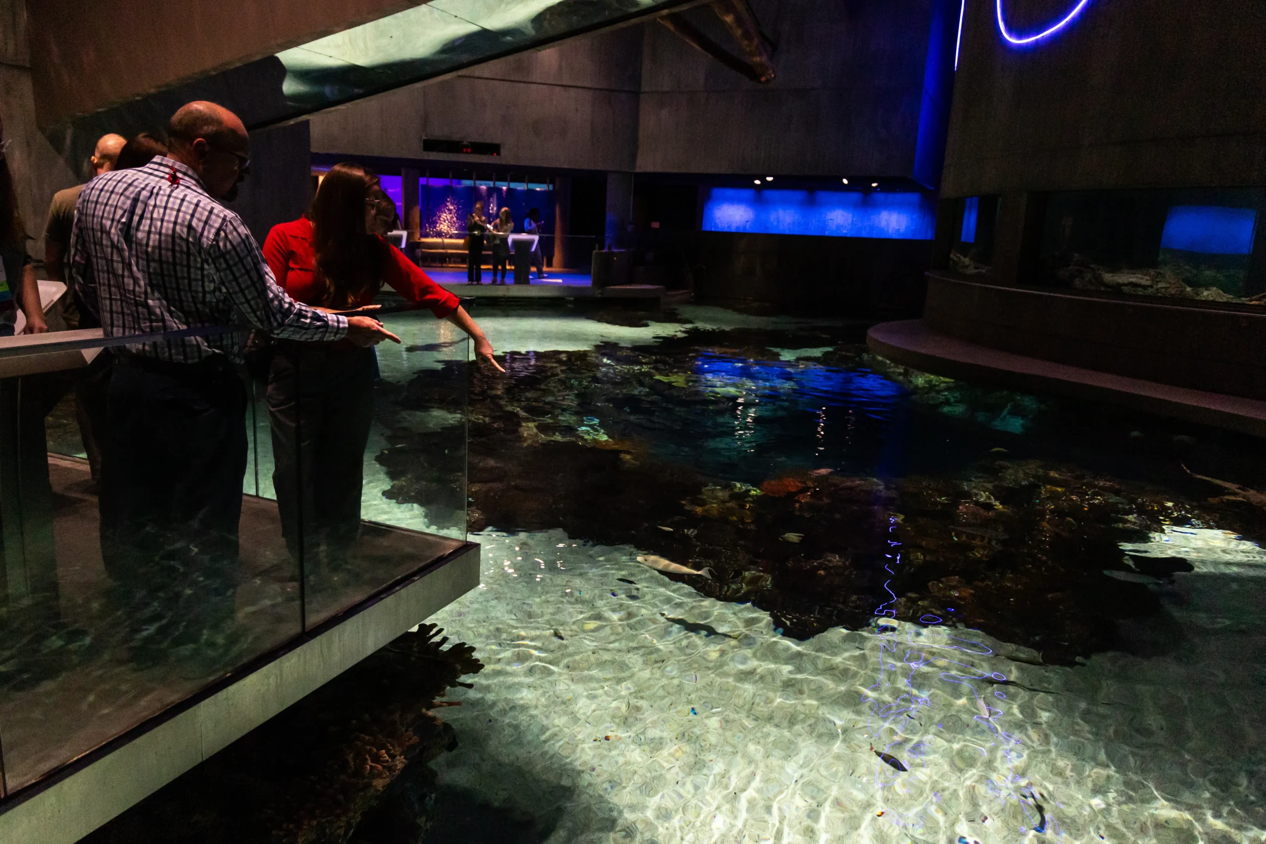 Marine biology students observing a large indoor aquarium with shallow reef habitat, viewing marine life through glass railings in a modern aquarium setting.