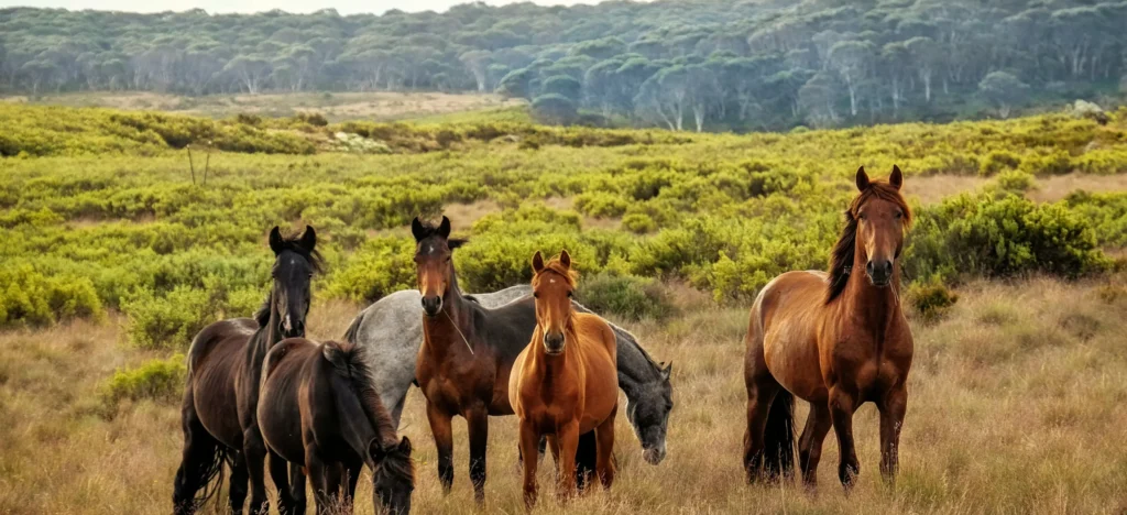 Group of feral horses standing in open grassland habitat, showing their presence and impact on native ecosystems.