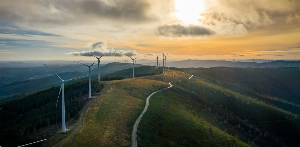 Wind turbines on a mountain ridge landscape showing renewable energy development in wildlife habita