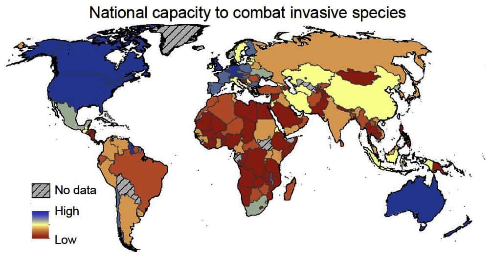 A map of countries best equipped to handle invasive species threats. ©Jeffrey Dukes