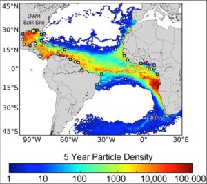 Click image to enlarge. Yeloow star Deepwater Horizon oil spill site distance from major sea turtle nesting sites (white squares). Colors indicate turtle density (counted daily). ©Nathan Putnam, Ph.D. UM Rosenstiel School of Marine & Atmospheric Science