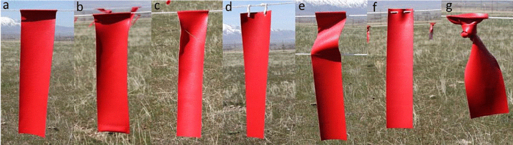 NWRC researchers in Utah evaluated seven new fladry designs to determine which was most likely to remain intact more than 30 days. Designs tested included the traditional design (a), weighted (b), slit (c), shower curtain (d), 2-rope (e), threaded attachment (f), and top knot (g). Fladry made with marine vinyl in the shower-curtain design (d) survived the longest.