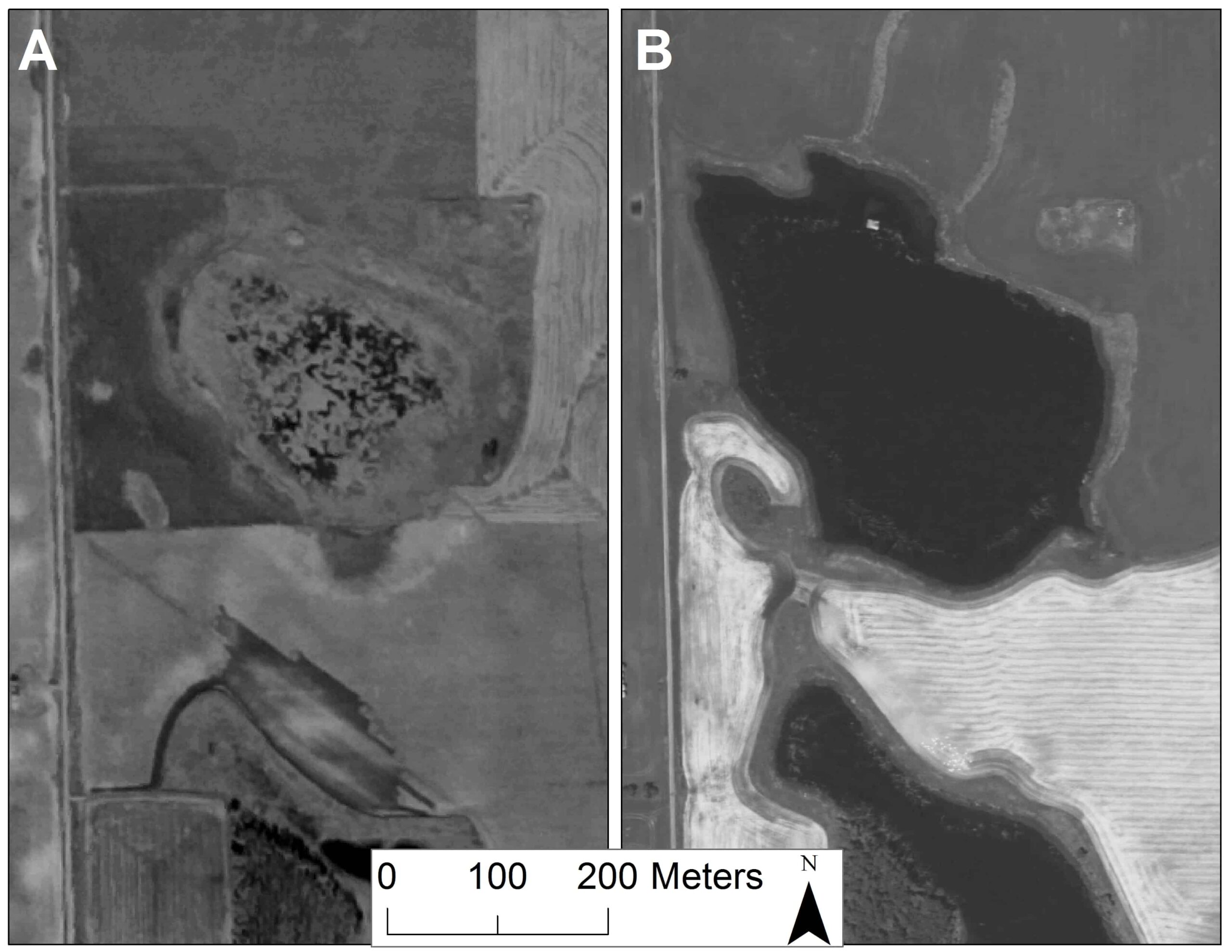 A wetland in eastern North Dakota. The left image shoes pre-drainage while the right shows post-drainage. Image Credit: McCauley et al