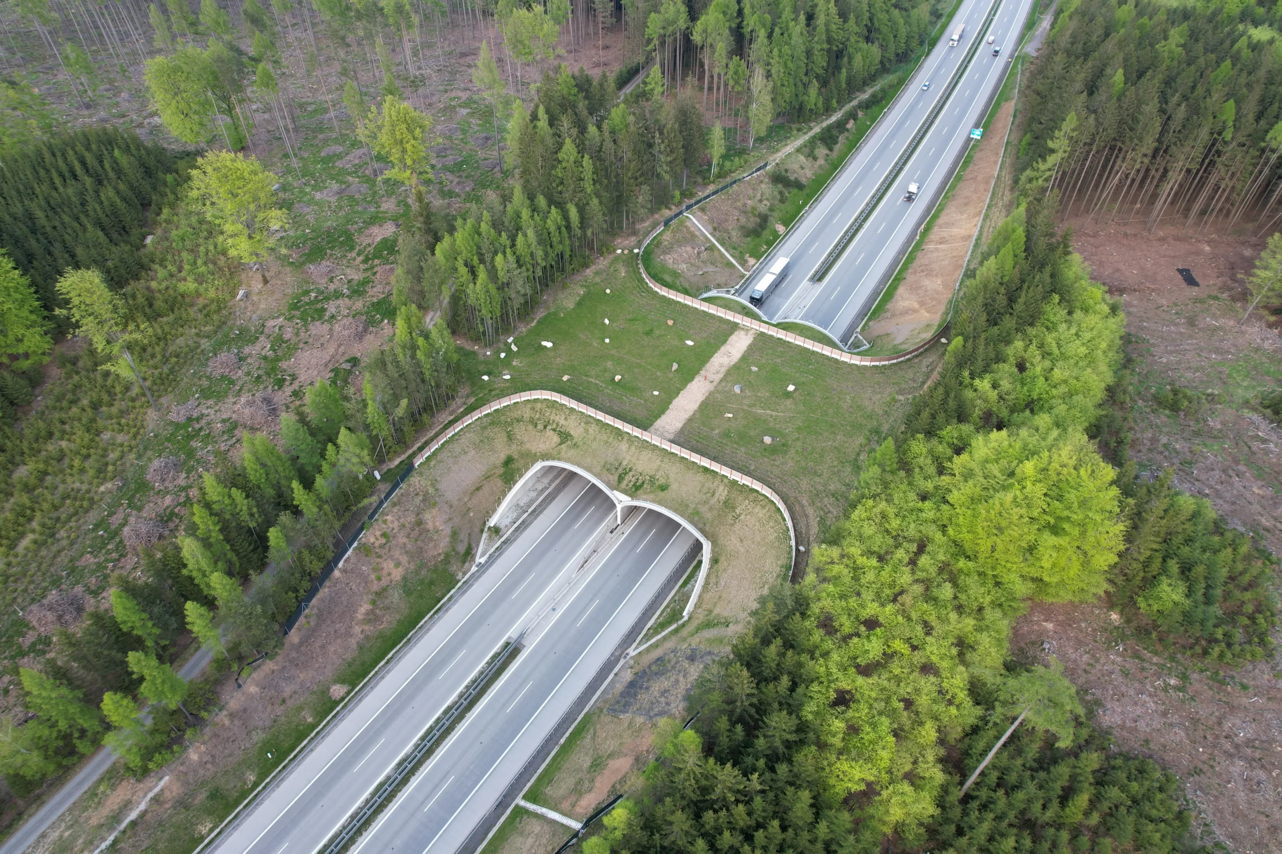 Aerial view of a wildlife crossing over a highway, designed to support transportation ecology by allowing animals to safely move between forest habitats.
