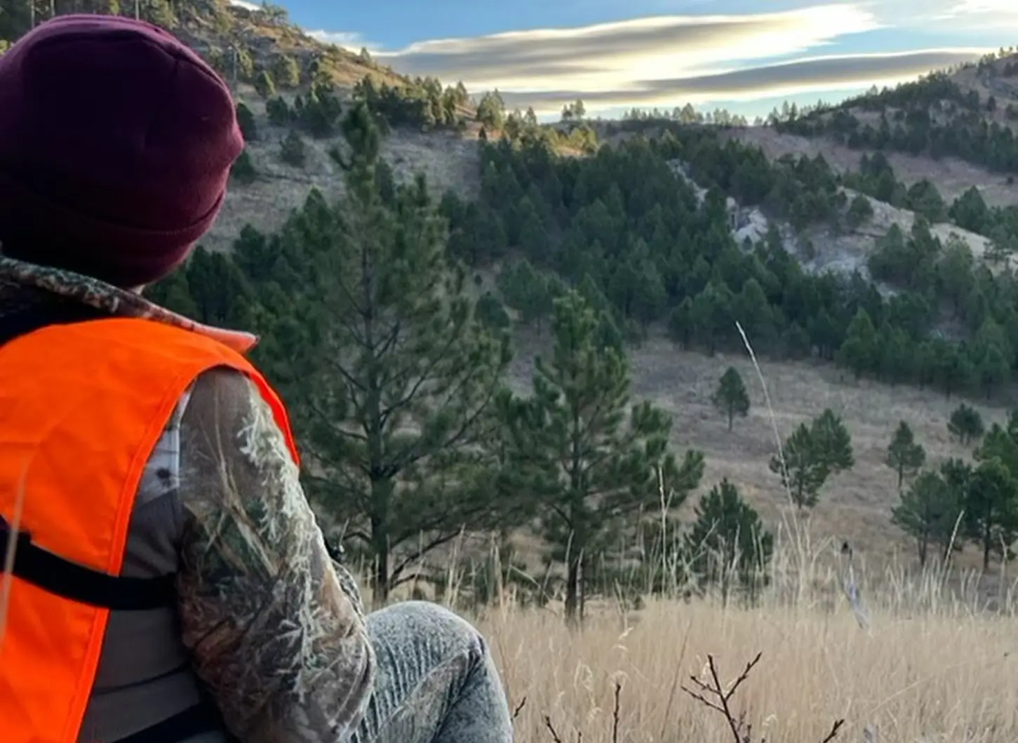 Hunter wearing a blaze orange vest and camouflage clothing scouts a wooded hillside from an elevated outdoor position.